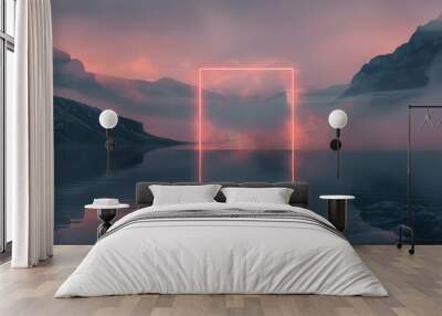 A neon light is reflected in the water of a lake, generative ai image Wall mural