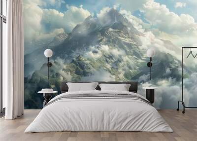 A painting of a mountain range with a cloudy sky, generative ai image Wall mural