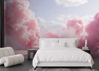 A pink cloud filled sky with a pink cloud shaped like a podium, generative ai image Wall mural