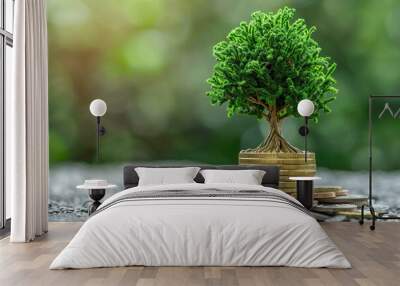 A tree is on top of a pile of coins. Wall mural