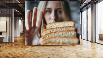 A woman is holding up three slices of bread, generative ai. Wall mural