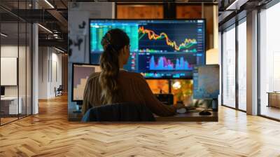 A woman is sitting at a desk with two computer monitors in front of her, generative ai image Wall mural