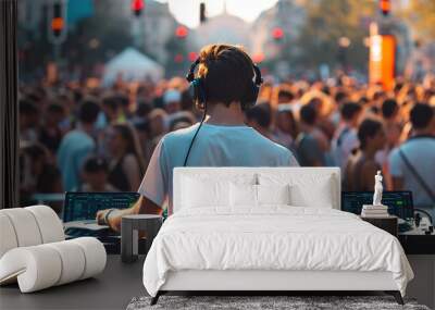 Dj mixing outdoor at festival with crowd of people Wall mural