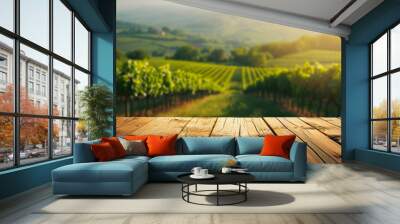 Empty wood table top with blurred vineyard Wall mural