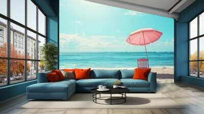 Little pink parasol and chair on the beach summer Wall mural