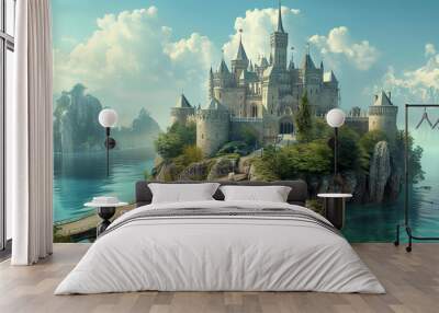 Mystical medieval castle on the island Wall mural