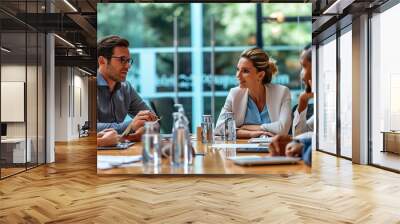 Office colleagues having discussion during meeting Wall mural