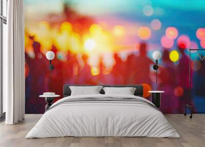 Party beach. Blurred people having night beach party in summer vacation Wall mural