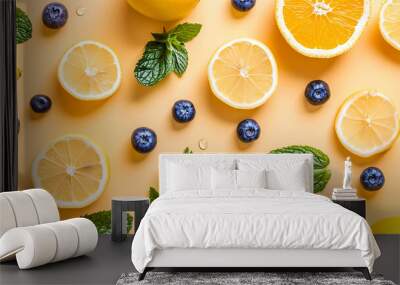 Summer background with lemon fruits orange blueberry Wall mural