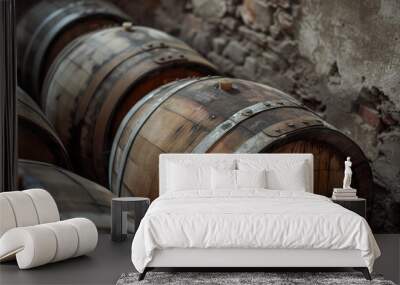 Two barrels of wood are on a wooden platform. Wall mural