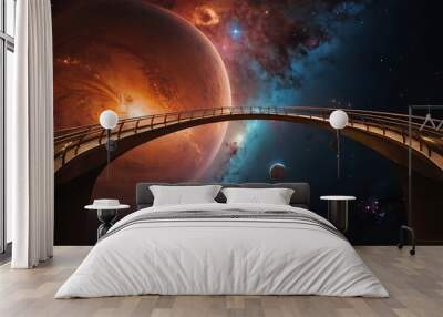 Two planets connected by a thin, swirling bridge of nebula gas and dust, creating a cosmic pathway between them. Wall mural