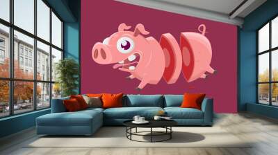 funny cartoon illustration of a crazy pig in slices Wall mural