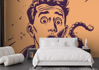 retro cartoon illustration of man with a kraken tentacle in his mouth Wall mural