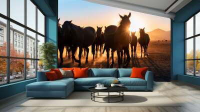 Herd of wild horses silhouette. Very curious and friendly. wild horse portrait Wall mural