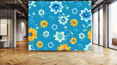 Seamless pattern consisting from blue and yellow beautiful flowers and leaves on light blue background Wall mural