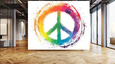 Circular rainbow peace symbol illustration with splatter drops Wall mural