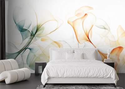 A watercolor colorful flower is surrounded by cream and gold leaves on white and transparent background Wall mural