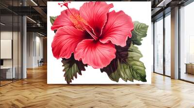 Bright large red hibiscus flower and leaf isolated on white transparent background Wall mural