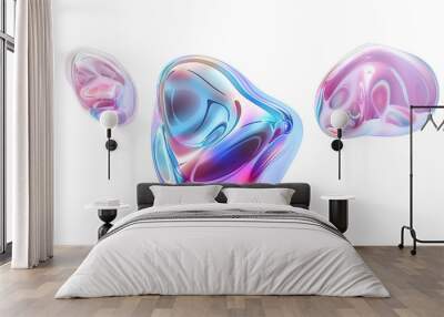 Set of 3d chrome neon fluid form liquid metallic shape isolated on white and transparent background Wall mural