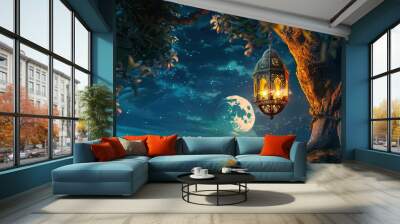 Beautiful lanterns hanging on the tree, shining in the warm evening light with a beautiful crescent moon Wall mural