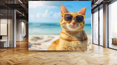 portrait of a cat. cat on the beach. cat wearing sunglasses on beach summer concept Wall mural