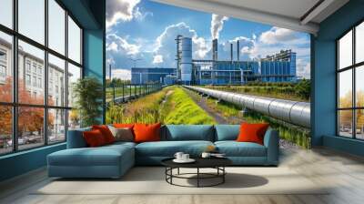 A whole new steel pipeline coming from the modern Eco Power Plant in the background, green energy production, professional photo Wall mural