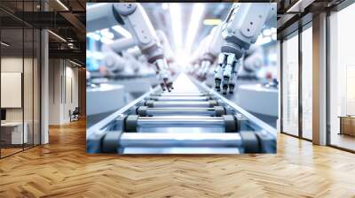 Advanced robotic arms on a fully automated assembly line in a modern factory, professional photo, sharp focus, high detailed Wall mural