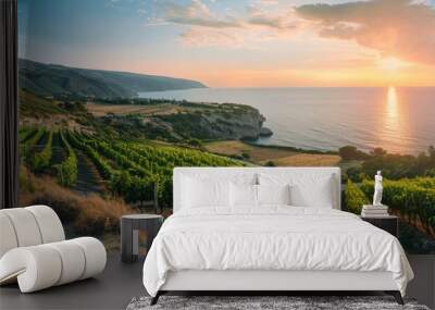 Beautiful vineyard on the slopes of the azure coast of France, sunset rays, warm summer evening, professional photo, nature photo Wall mural