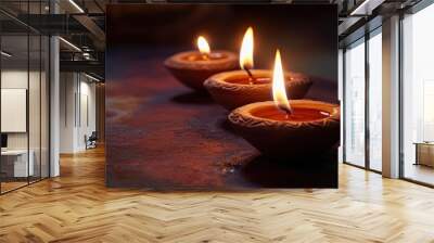 Clay Diya lamps Happy Diwali, festive atmosphere, place for text Wall mural