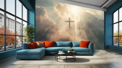 Cross floating in the air, clear silhouette on the background of light clouds, sun rays illuminate it from behind, the power of faith, light bright background Wall mural