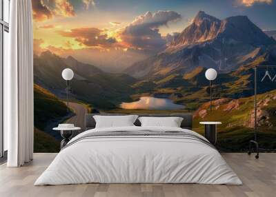 Empty highway between mountain peaks in the Alps, a lake in a gorge, sky illuminated by the sun's rays at sunset, incredible nature, bright saturated colors Wall mural