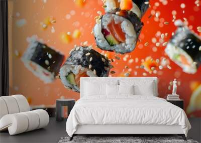 Ingredients for sushi flying in the air, bright saturated background, spotty colors, professional food photo Wall mural