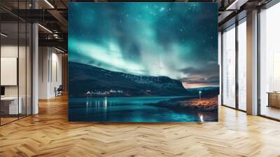 Long exposure photo of fantastic aurora borealis in night sky full of bright stars, beautiful landscape Wall mural