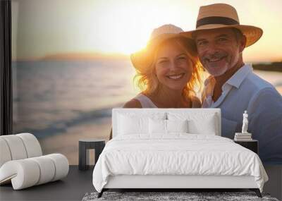 Mature couple on the beach feeling happy on vacation, breathtaking view Wall mural