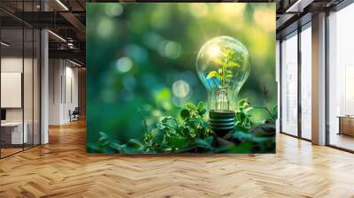 Renewable energy, eco friendly concept photo with glass bulb and green plant inside it, beautiful decoration on blurred background Wall mural