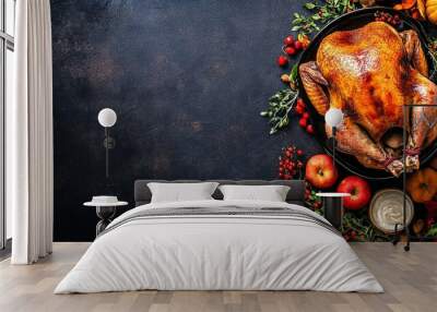 Thanksgiving dinner table with roasted turkey close up shot, festive atmosphere, top view, space for text Wall mural