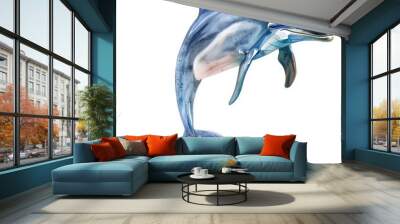 Ultra realistic watercolor style illustration of beautiful dolphin, high detailed, isolated on white Wall mural