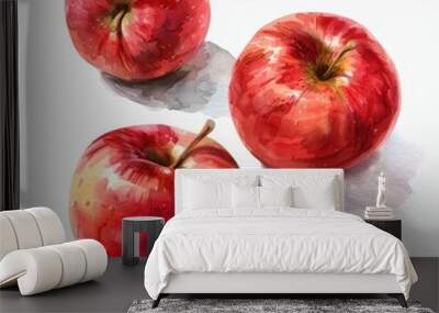 Ultra realistic watercolor style illustration of tasty apples, high detailed, close up, isolated on white Wall mural