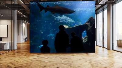 Silhouette de personnes devant aquarium géant avec requin. Wall mural