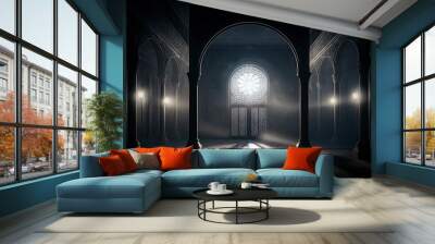 An Islamic mosque interior illuminated by moonlight. Islamic concept and Ramadan celebration. Ai generated art Wall mural