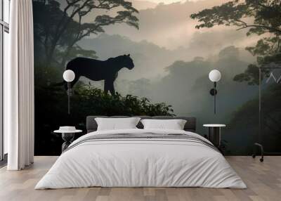 Black panther (black jaguar) in the jungle at a misty sunrise. Amazing Wildlife. Generative Ai Wall mural