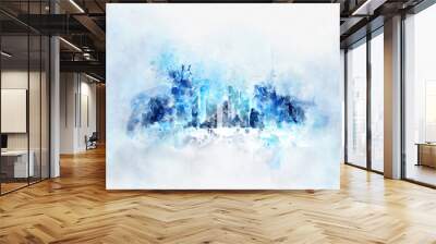 Blue skyscraper futuristic city abstract watercolor texture background. Painted watercolor background skylin Wall mural