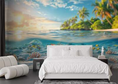 Breathtaking split view of a vibrant coral reef underwater and a paradise tropical island above the ocean Wall mural