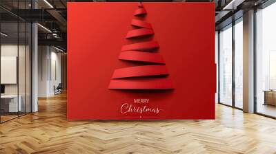 Christmas tree in paper cut style. Modern design on a red background. Christmas and New Year greeting card Wall mural