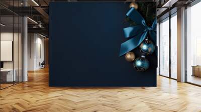 Dark blue and gold Christmas decoration balls on dark background. Merry christmas and happy new year greeting card with copy space for text. Wall mural