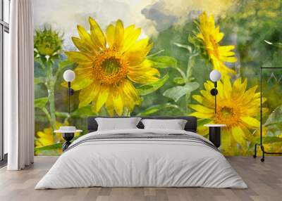 Digital watercolor painting of beautiful landscape image view of sunflower in a field, Japan Wall mural