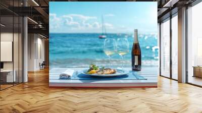 Elegant table setting on a idyllic beach. Lunch with sea view in luxury hotel. Summer vacation concept. Wall mural