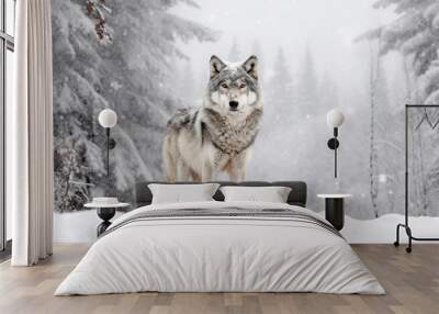 Grey wolf in the cold snowy winter forest. Amazing Wildlife. Generative Ai Wall mural