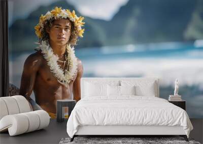 Portrait of a handsome native hawaiian young man with surfboard having fun and relaxing on the beach. Summer vacation concept Wall mural