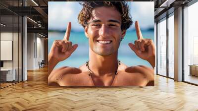 Portrait of a handsome young man having fun and relaxing in a Hawaii Beach . Summer vacation concept Wall mural